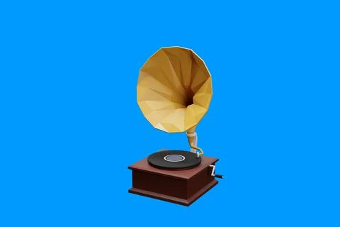 3d rendered cartoon illustration. Old record player isolated on blue backgrou Stock Illustration