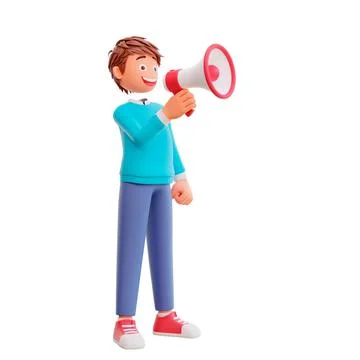 3D rendered cheerful boy with a megaphone in his hand Stock Illustration