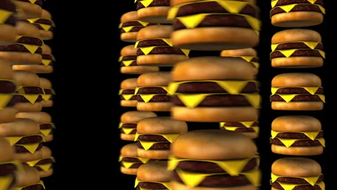3D Rendered Cheese Burger Stacks Rotating Around Central Food Pillar on Black Video stock 333547802