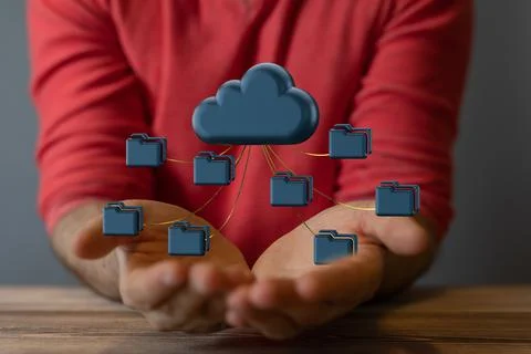 A 3d rendered cloud and big data over the hands of a male - cloud computing t Stock Photos