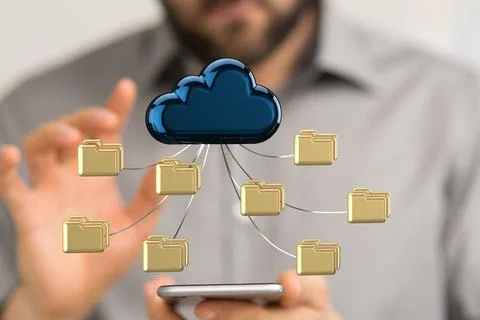 3D rendered cloud data storage held in a person's hand Stock Photos