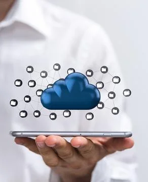 3D rendered cloud data storage held in a person's hand Foto stock