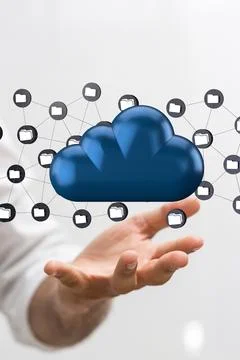 3D rendered cloud data storage held in a person's hand Foto stock