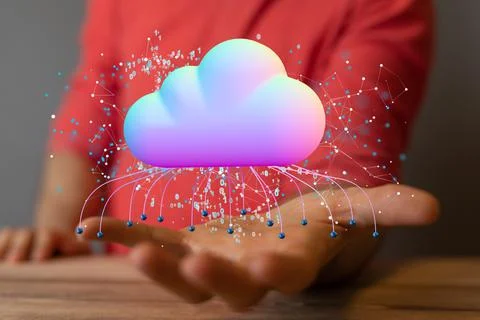 3D rendered cloud data storage held in a person's hand Stock Photos