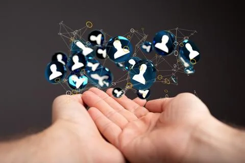 A 3D rendered conference digital network and data concept symbols over the ma Stock Photos