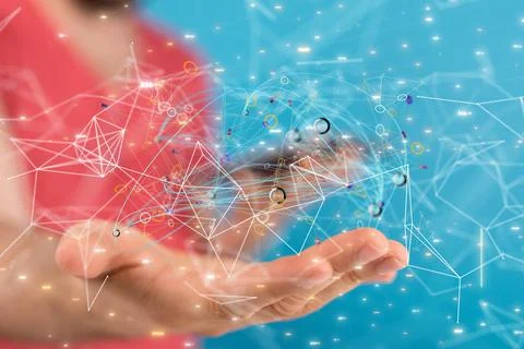 A 3D rendered conference digital Network and data concept over the hand of a  Stock Photos