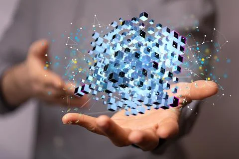 3D rendered connected data held in a person's hand Foto stock