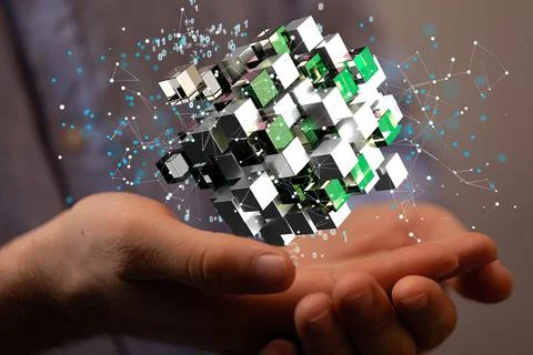 3D rendered connected data held in a person's hand 写真素材
