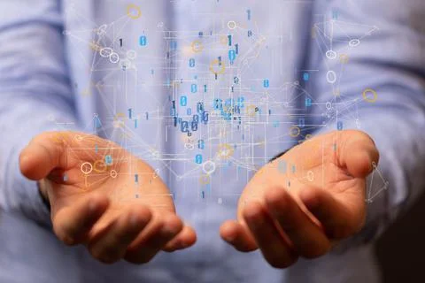 3D rendered connected data held in a person's hand Stockfoto's