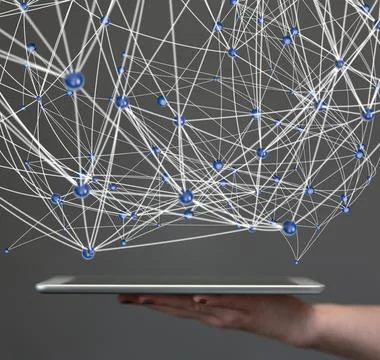 3D rendered connected data held in a person's hand Stock Photos