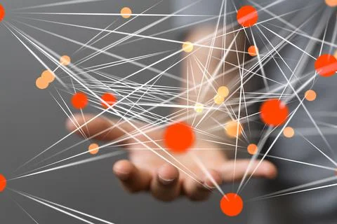 3D rendered connected data held in a person's hand Stock Photos