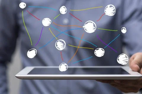 3D rendered connected data held in a person's hand Stockfoto's