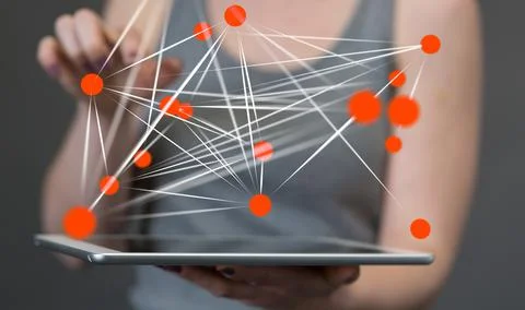 3D rendered connected data held in a person's hand Stockfoto's