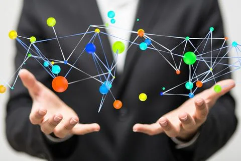 3D rendered connected data held in a person's hand Stock Photos