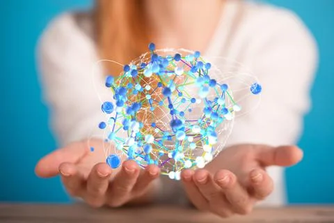 3D rendered connected data held in a person's hand Stock Photos