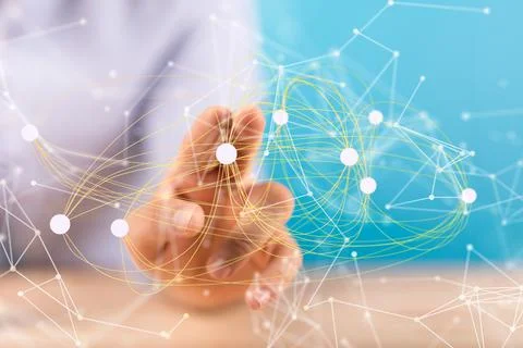3D rendered connected data held in a person's hand Stock Photos