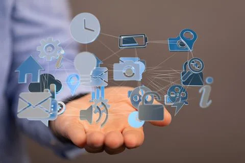3D rendered connected data held in a person's hand Stock Photos