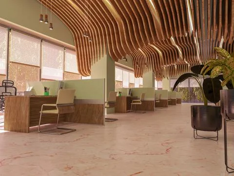 3D rendered contemporary office interior design with beautiful wall paneling. Stock Illustration