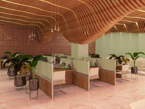 3D rendered contemporary office interior design with beautiful wall paneling. Stock Illustration