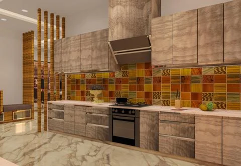 3D rendered contemporary style kitchen with storage unit and white color fini Stock Illustration