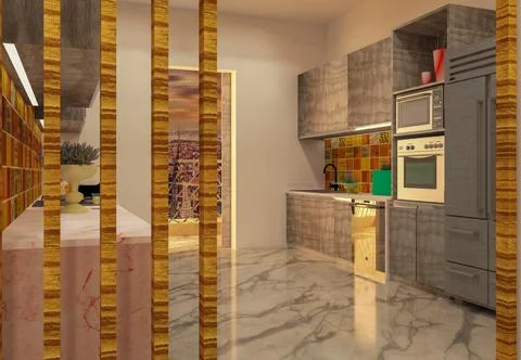 3D rendered contemporary style kitchen with storage unit and white color fini Stock Illustration