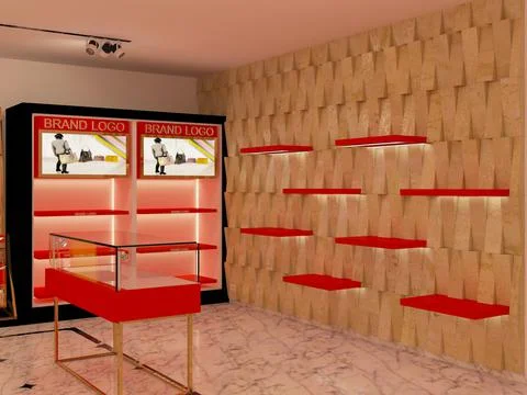 3D rendered contemporary style, red and white color combination showroom. Stock Illustration