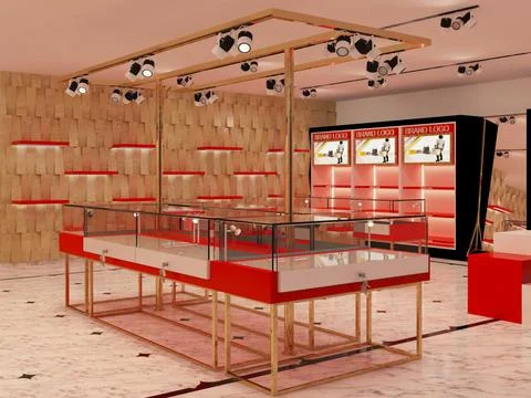 3D rendered contemporary style, red and white color combination showroom. Stock Illustration