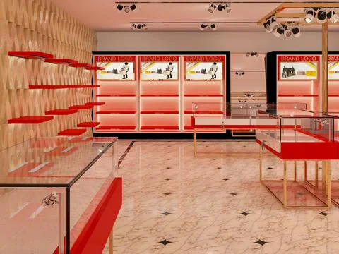 3D rendered contemporary style, red and white color combination showroom. Stock Illustration