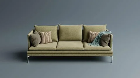 3d rendered cream sofa with a blanket and pillows on it against a grey backgroun Ilustração Stock