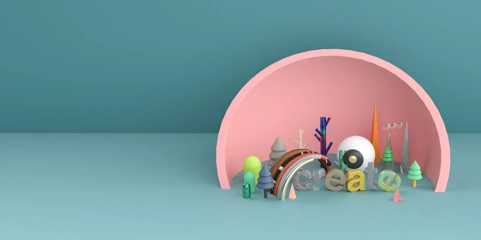 3D rendered CREATE text typography with creative and fun environment Stock Illustration