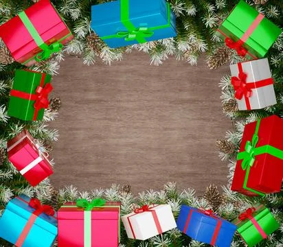 3d rendered. Creative frame of Christmas fir branches on background Stock Illustration