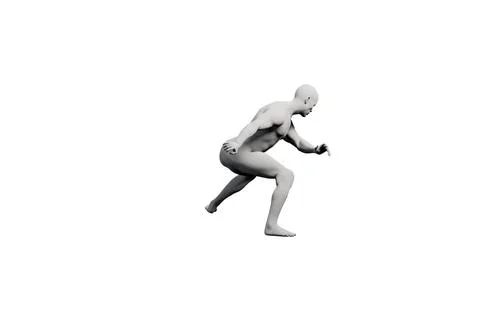 3D rendered crouching mannequin figure model against matte black Stock Illustration