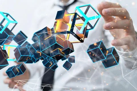 3D rendered cube hovering in mans hand Stockfoto's