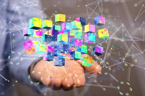 3D rendered cube hovering in man's hand Foto stock