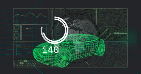 3D-rendered dashboard interface showing green wireframe car rotating on grid, Video stock 307443530