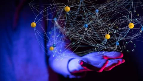 3D rendered data connected to each other held in a person's hand Foto stock