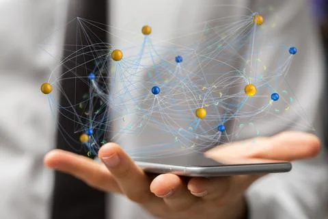 3D rendered data connected to each other held in a person's hand Stockfoto's