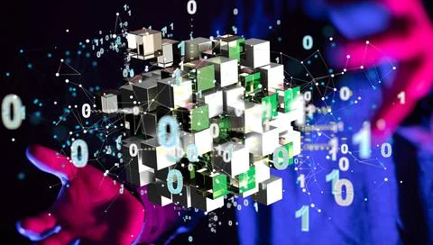 3D rendered data connected to each other held in a person's hand Foto stock