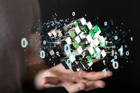 3D rendered data connected to each other held in a person's hand Stock Photos