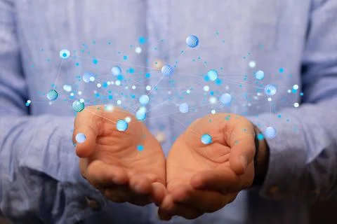 3D rendered data connected to each other held in a person's hand Stock Photos