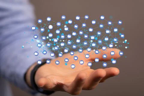 3d rendered data network on male hand Stockfoto's
