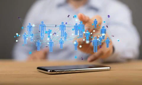 A 3D rendered data network symbols over the smartphone with a businessman in  Stock Photos