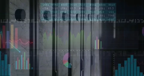 3D-rendered data visualization glowing over modern interior showing numeric Stock Footage 329369226