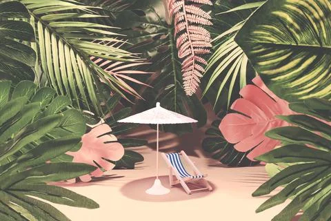 3D rendered deck chair and parasol in the beautiful exotic garden Stock Illustration