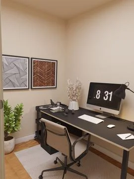 3D rendered design of comfortable workplace with computer desk and chair Stock Illustration