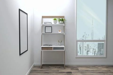 3D-rendered different objects on a shelf by the window in a room Stock Illustration