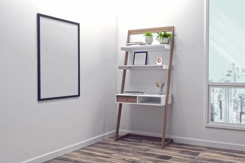 3D-rendered different objects on a shelf by the window in a room イラスト素材