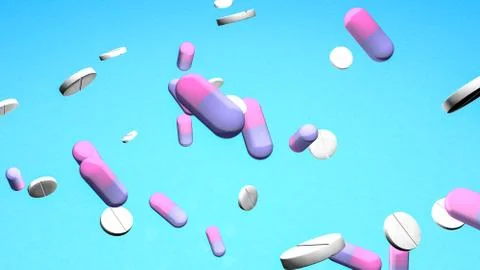3D rendered different type of flying pink and purple pills on a blue background. Stock Illustration