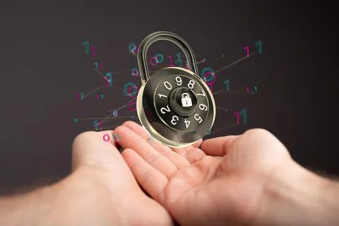 3D rendered digital concept of security with floating padlock and binary code in Stock Photos