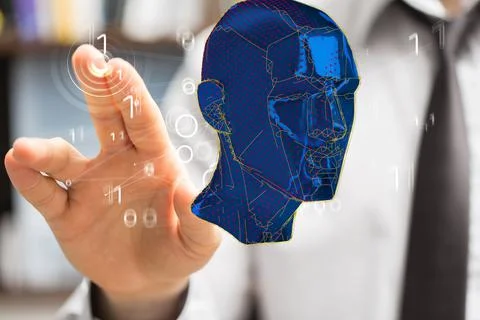 3D rendered digital human face before a man's hand - Artificial intelligence Stock Photos